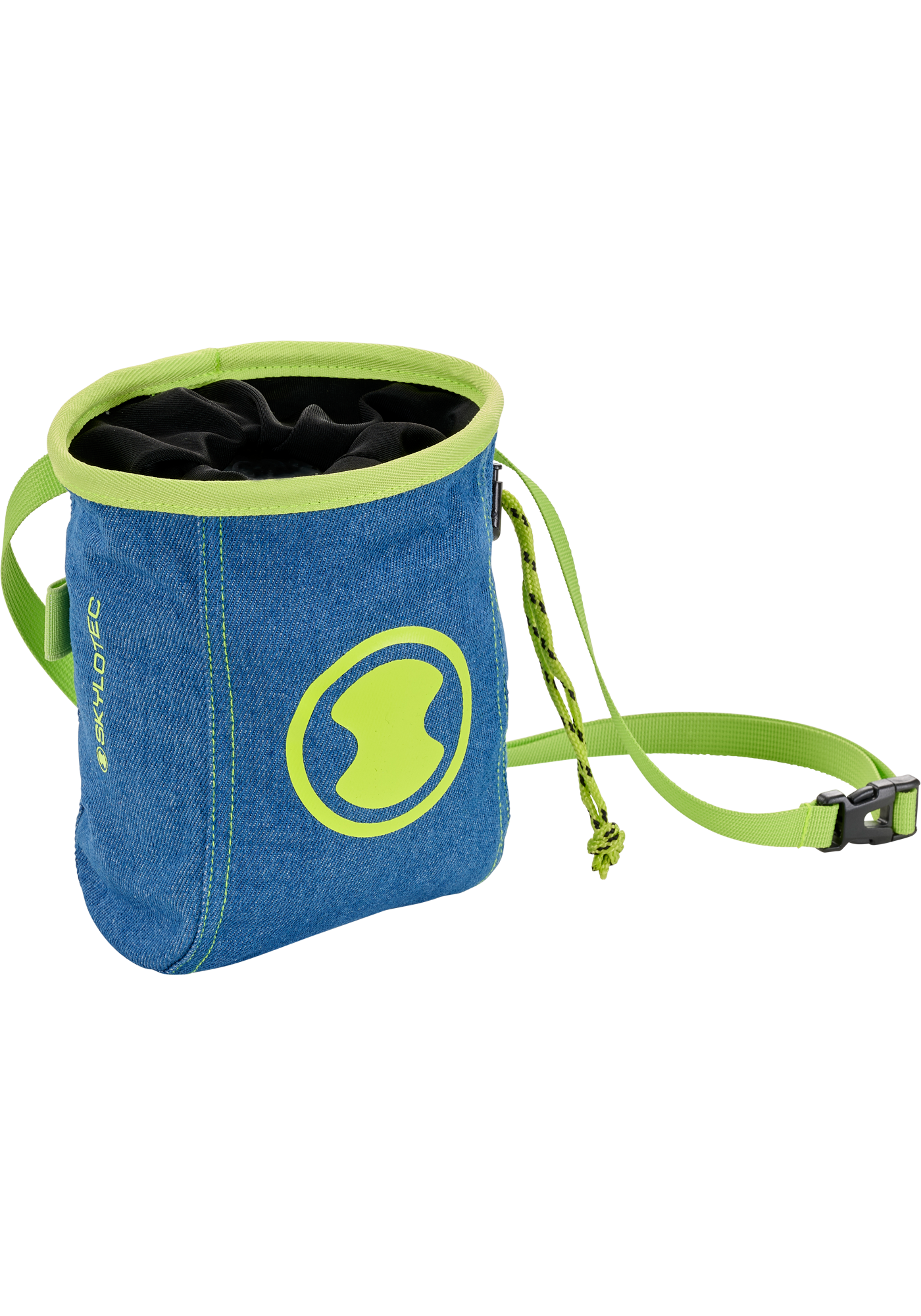 rock climbing chalk bag, chalk bag, blue denim, neon green, drawstring closure