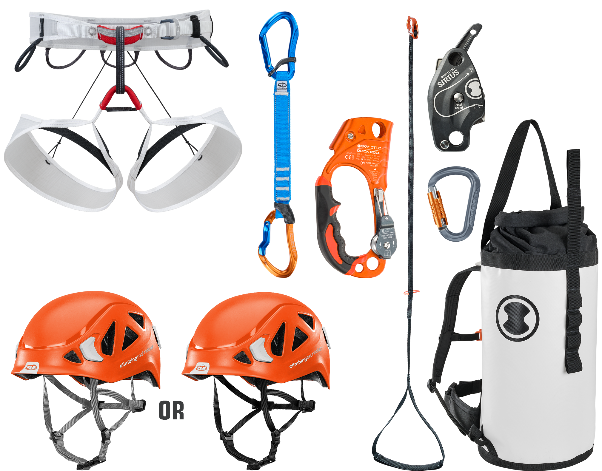Kletterausrüstung, Kletterhelm, Seilrolle, Klettergurt, Kletterzubehör