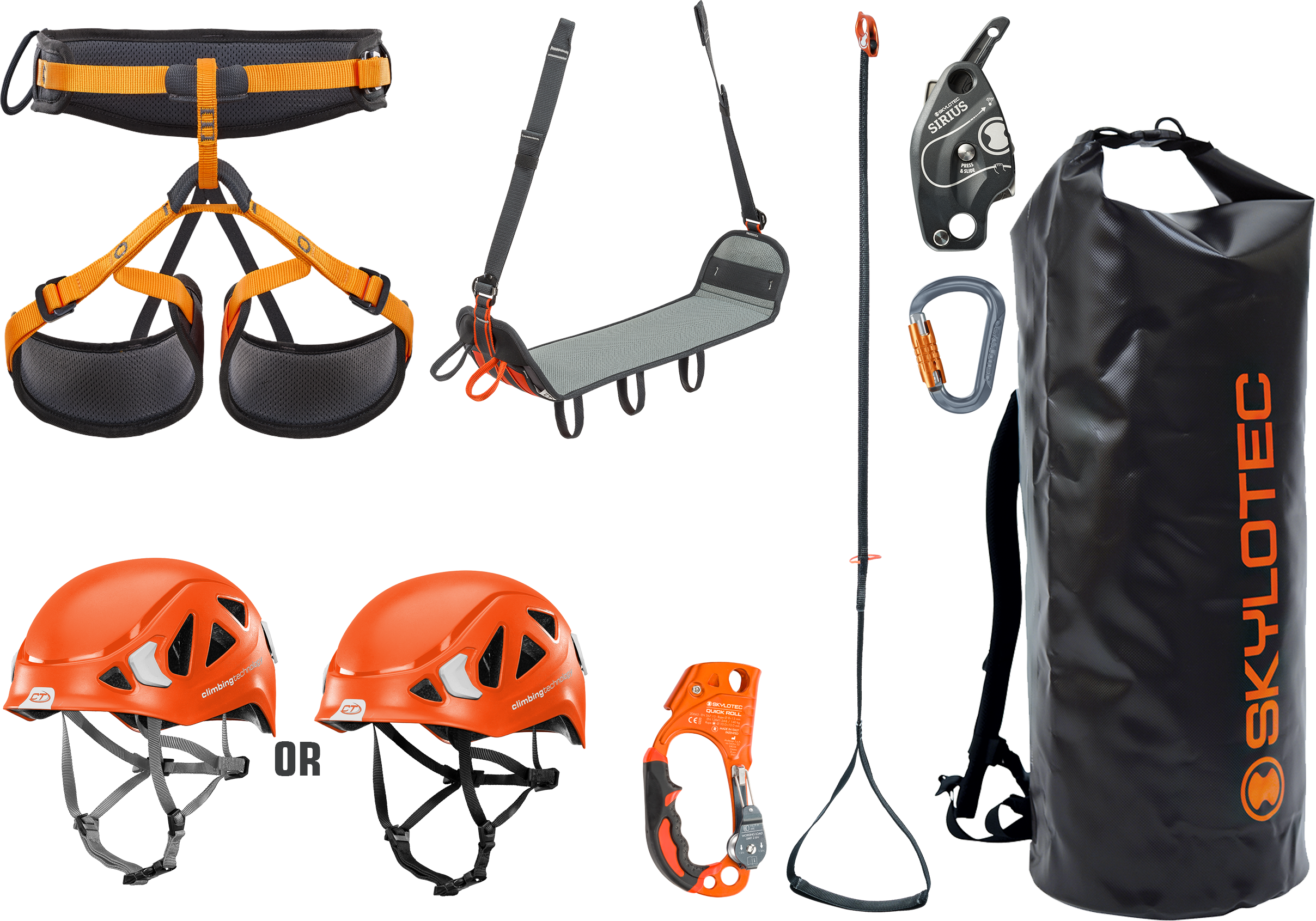 Kletterset, Klettergurt, Kletterhelm, Kletterseil, Schwarz/orange