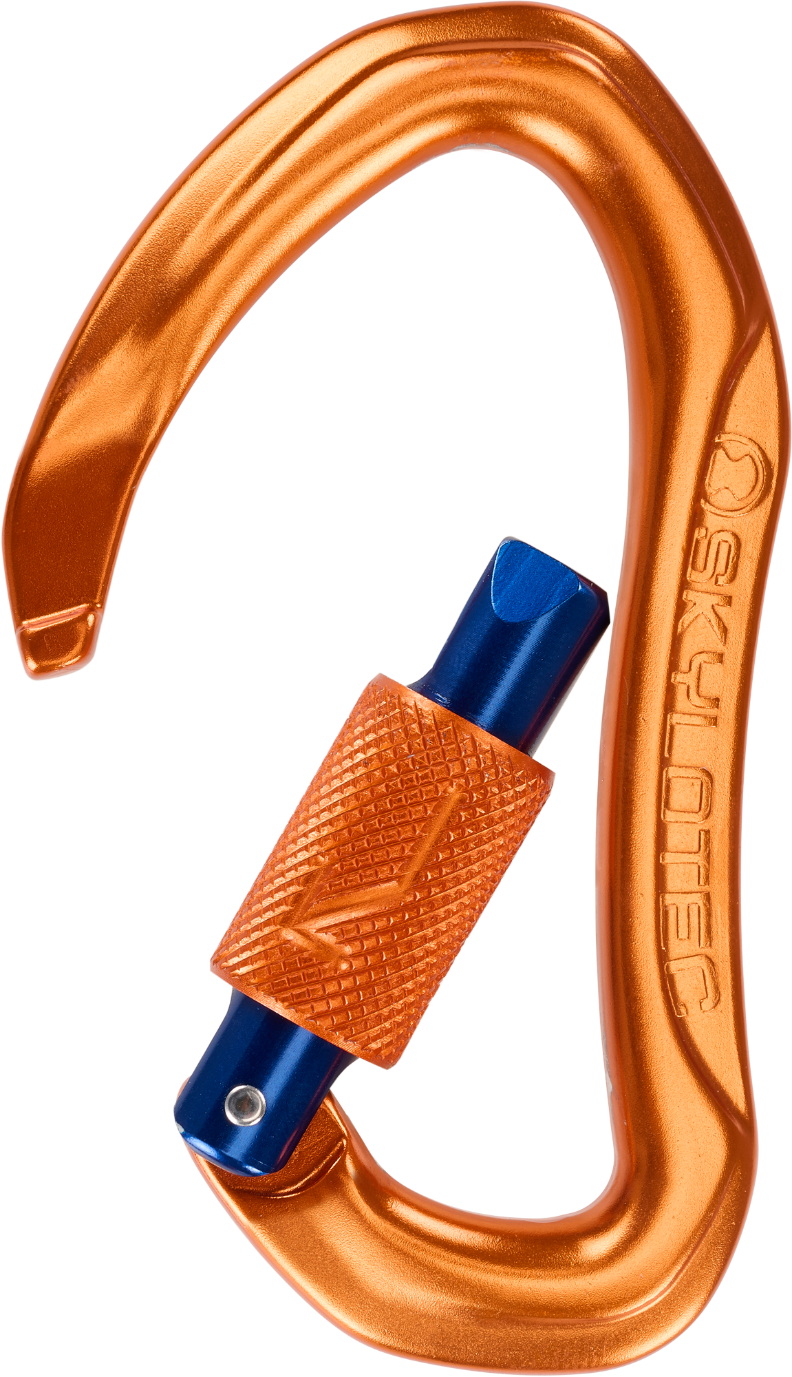 karabiner, aluminium, orange, blauer-pin, nierenform