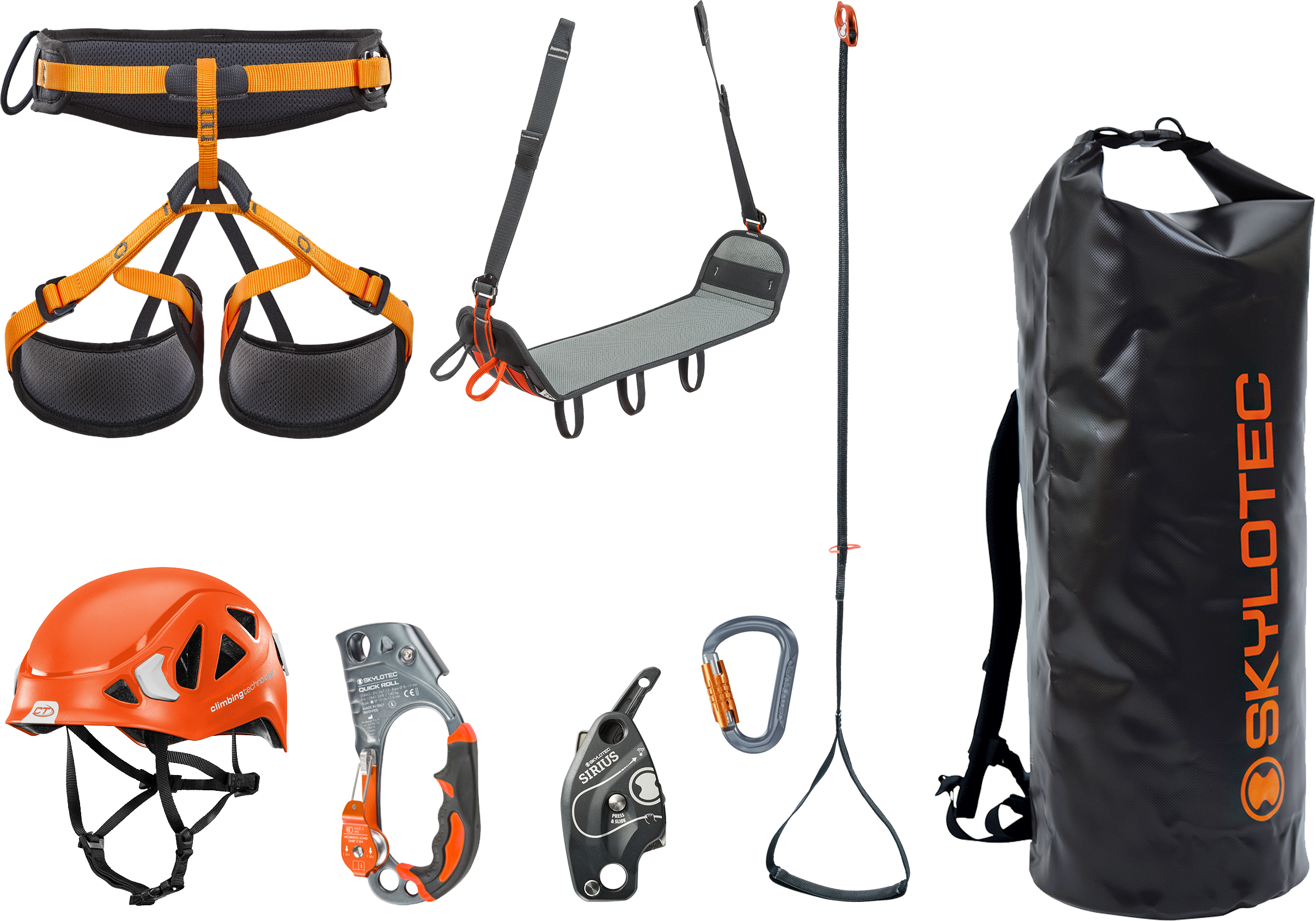 Kletterausrüstung, Klettergurt, Kletterhelm, Klettersteigset, Seilsack