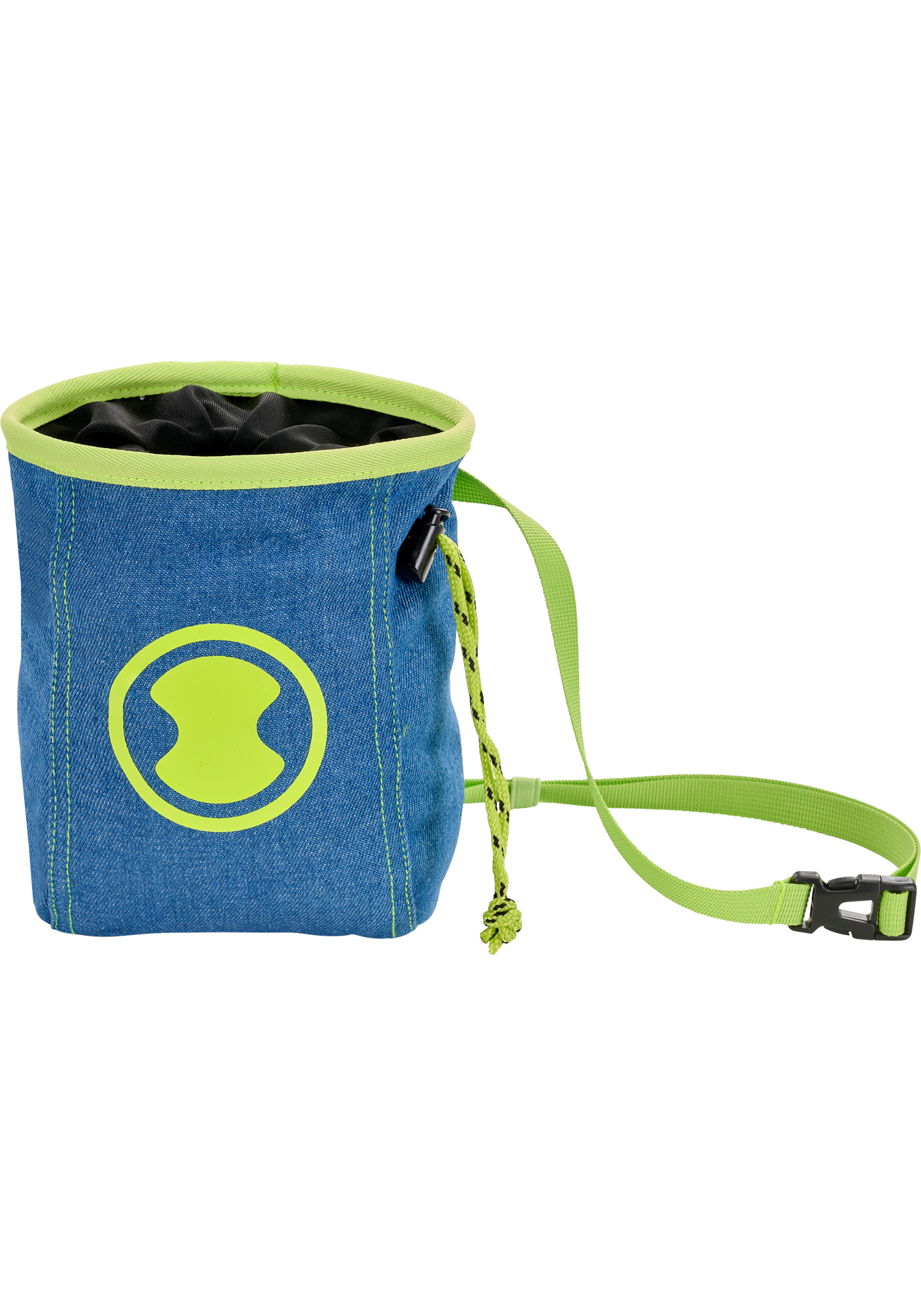 jeans, Drawstring-Tasche, Beutel, neon grüne Kante, blaues Denim